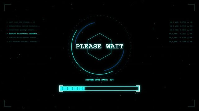 Motion graphics animation of futuristic sci-fi HUD loading screen with glowing cyan please wait text on dark background for tech promos and digital video intros