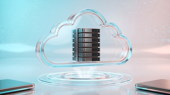 Cloud computing network infrastructure with data storage and global connectivity represented by a central server rack inside a luminous glass cloud icon on a metallic pedestal