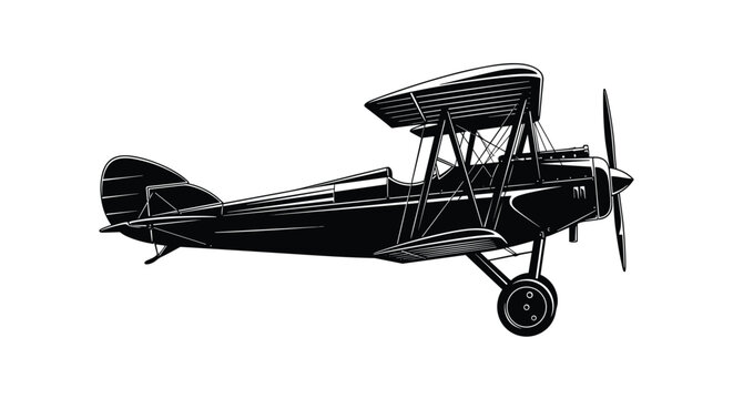 Black and white vector silhouette of a classic vintage biplane aircraft with propeller and double wings for retro aviation history flight and heritage concepts