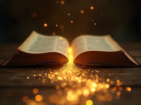 Open Book with Golden Light and Sparkle - Magic and Knowledge