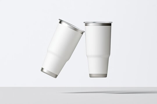 Two white insulated tumblers with metal rims suspended against a clean white backdrop