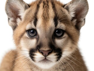 Fototapeta premium Close up portrait of cute young cougar cub. Baby mountain lion with big dark eyes, spotted fur looks at camera. Small wild predator mammal sits against white background. Cute feline animal face in