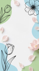 Elegant spring floral design with line art flowers, pastel blobs. Pink flower petals scatter across white background with blue, green organic shapes. Minimalist botanical template for seasonal