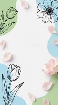 Elegant spring floral design with line art flowers, pastel blobs. Pink flower petals scatter across white background with blue, green organic shapes. Minimalist botanical template for seasonal