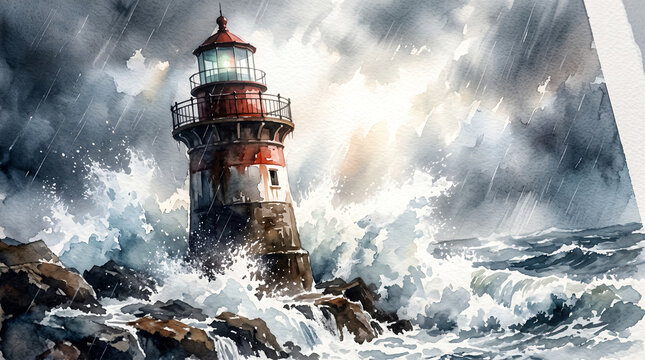 Red and white lighthouse standing tall amidst crashing ocean waves during a storm.