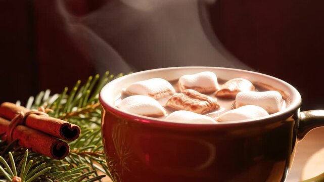 Steaming hot chocolate with marshmallows and cinnamon sticks, festive pine needles