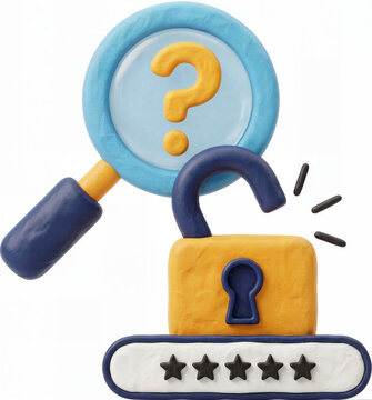 Password recovery 3D icon, forgot password concept, claymorphism security padlock with magnifying glass and login field