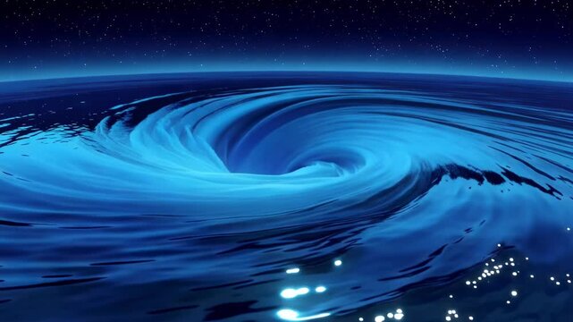 Blue swirling vortex in deep water with sparkling reflections and starry sky above, showcasing the dynamic movement of water and light in a cosmic setting