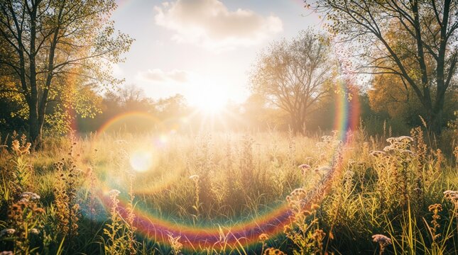 Golden autumn meadow bathed in warm sunlight. Tall grass and wildflowers glow with sun flares creating a serene, natural landscape. Trees frame the scene with yellow fall foliage.