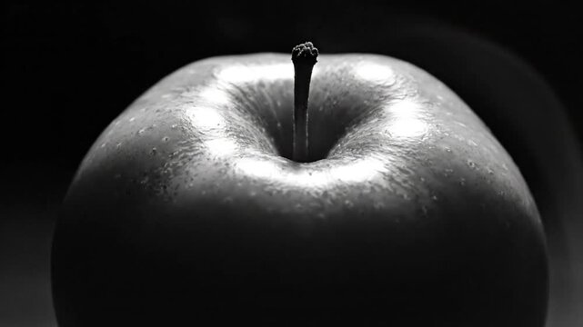 Black and white close up of a shiny apple with a dark background and ambient smoke