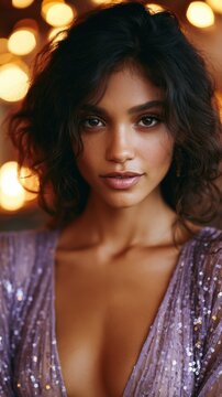 Young woman posing in sequin dress with bokeh lights