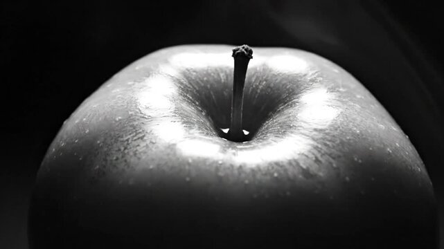 Black and white close up of a shiny apple with stem against a dark background with smoke