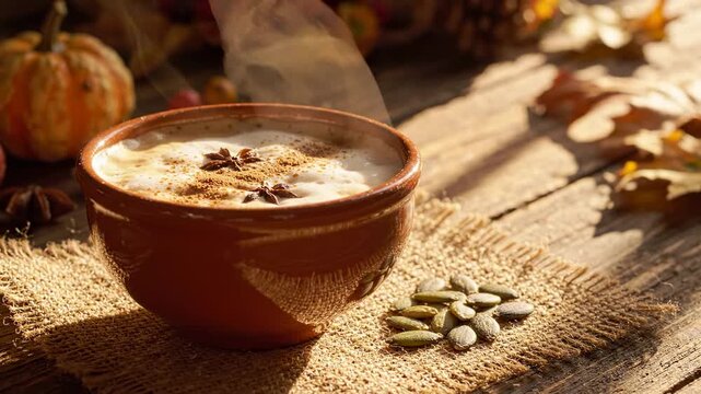 steaming hot pumpkin spice latte in a ceramic mug with autumn leaves and seeds on a rustic wooden table, cozy fall morning atmosphere, warm seasonal drink background