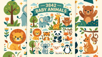 Obraz premium Cute baby animals vector illustration collection with wild jungle creatures and forest flora