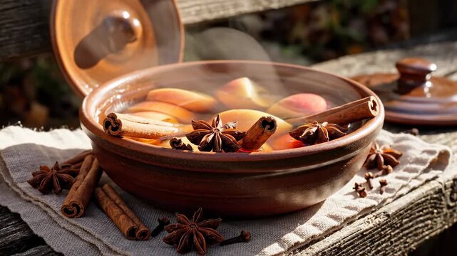 Steaming hot spiced apple cider in a rustic clay pot with cinnamon sticks and star anise outdoors on a wooden bench
