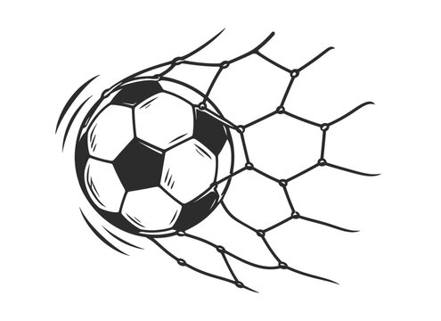 Soccer Ball Hitting Goal Net, Football Sports Hand Drawn Sketch Illustration.