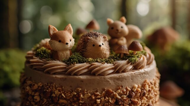 Decorated cake with animal figurines on forest table outdoors National Cake Decorating Day
