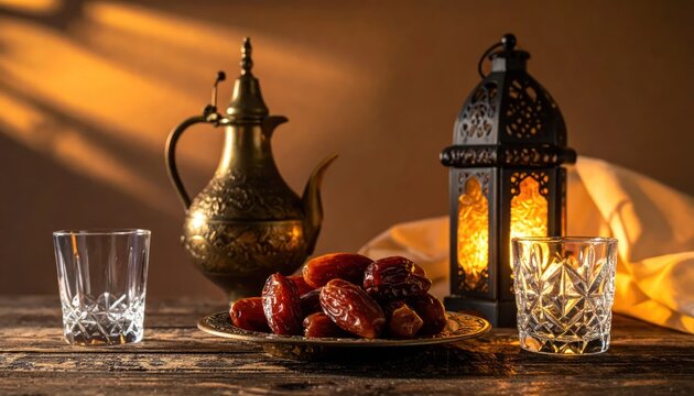 Ramadan Iftar scene with dates and traditional lantern.