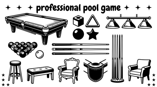 professional pool game scenery vector featuring polished billiard tables balls precision cue sticks scoreboards overhead lights leather pockets seating areas and tournament