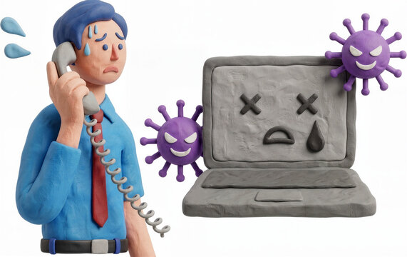 Computer virus malware attack, stressed office worker calling technical support, 3D clay character illustration