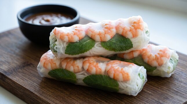 Fresh healthy Vietnamese translucent rice paper spring rolls tightly packed with vibrant fresh vegetables and pink shrimp, served with a rich thick brown peanut dipping sauce on a dark board