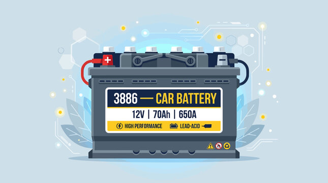 Car battery illustration with electrical symbols and voltage specifications graphic