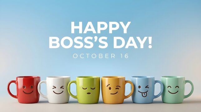 Colorful coffee mugs with funny emoji faces celebrating the annual happy boss's day event