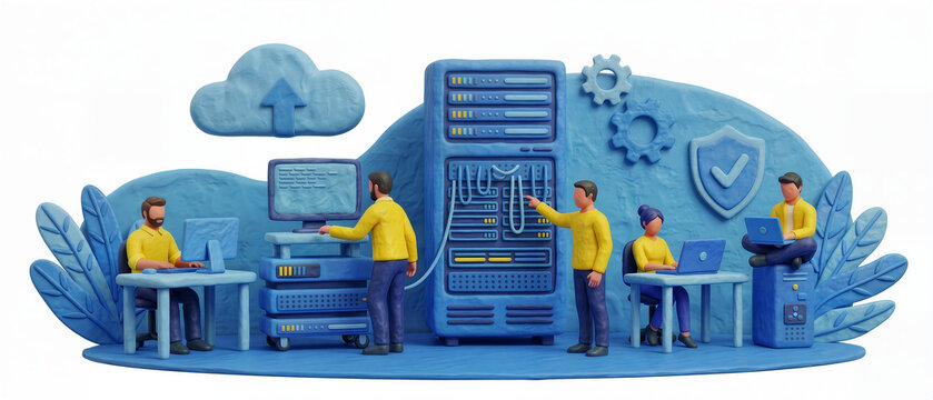Data center team illustration, cloud computing server maintenance, IT network administration 3d clay plasticine style