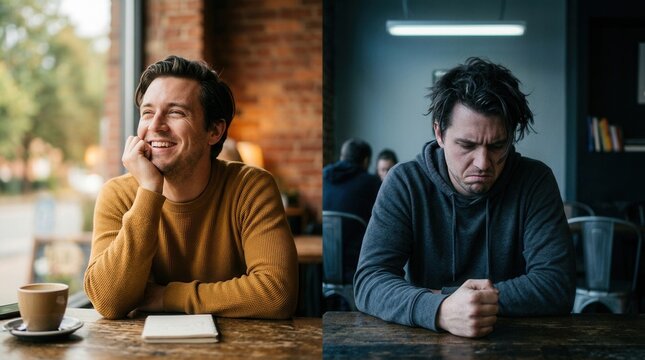 Split Image: Man Smiling and Happy on Left, Sad and Depressed on Right, Contrasting Emotions in Cafe