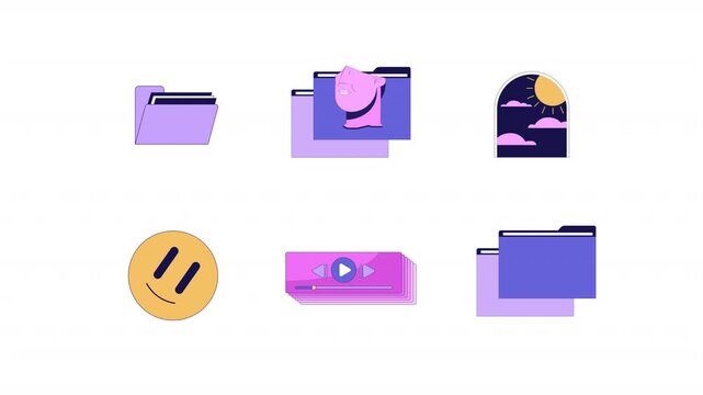 Vaporware aesthetic digital media cartoon animation pack. Music player. Sunshine arch. Computer folder and browser windows animated flat 4K video collection isolated on transparent background