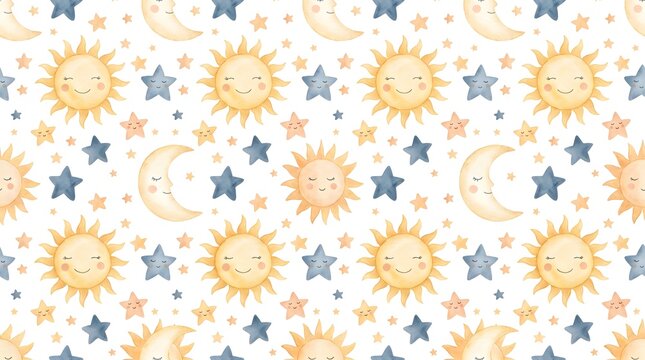 Seamless Celestial Pattern with Cute Watercolor Sun Moon and Stars for Nursery Design