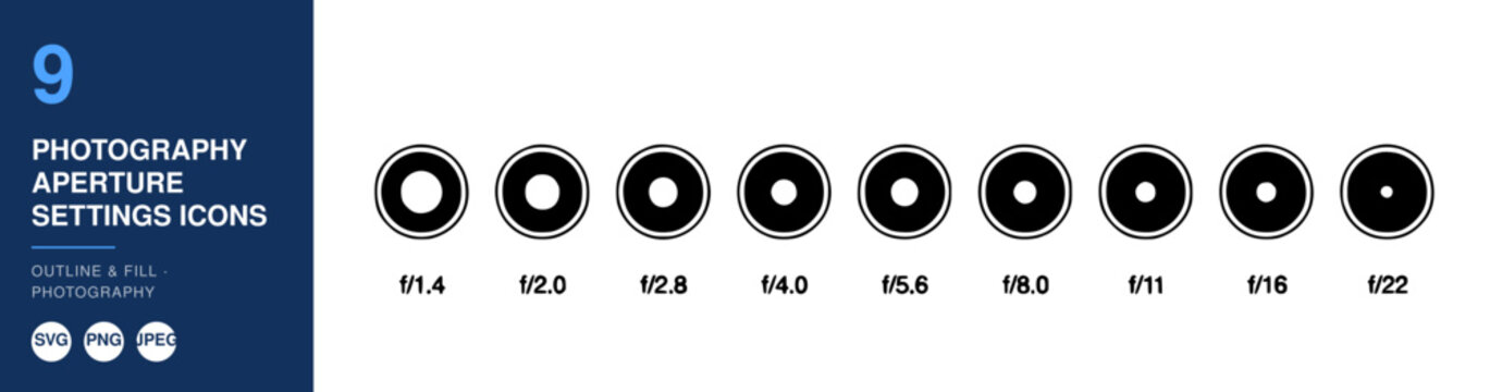 Aperture Settings Icons Set, Photography Outline Icons, F/1.4 to F/22, Graphic Design Elements, Illustration