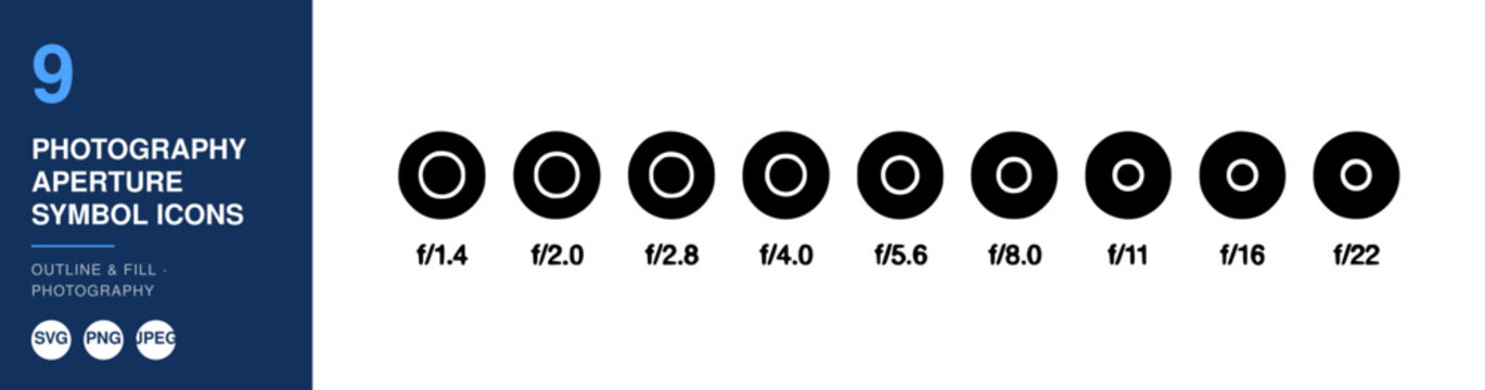Aperture Symbol Icons Set, Photography Equipment Illustration, F-Stop Values Design