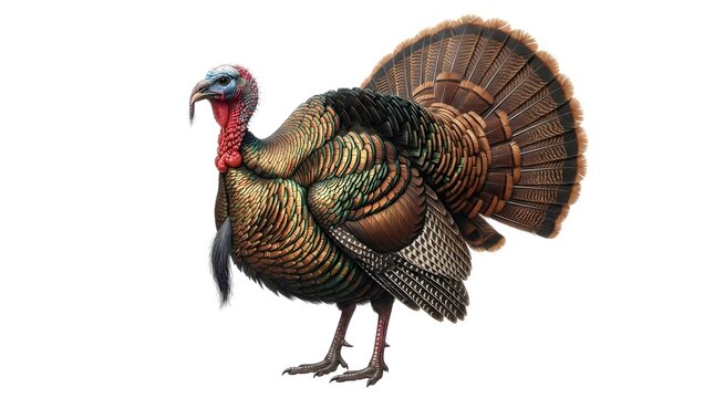 Full body portrait of a majestic male wild turkey with fanned tail feathers, isolated on white background