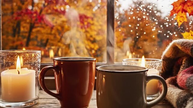 Cozy autumn scene with steaming mugs and lit candles by