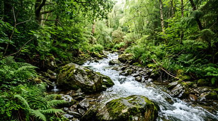 Fototapeta premium A beautiful rushing stream flowing through a lush green forest in the mountains.