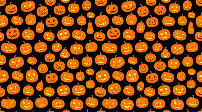 Repeating halloween pattern with cute orange pumpkins on a dark black background