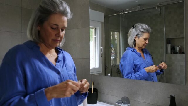 Middle aged woman with grey hair practicing oral hygiene by flossing in front of a mirror
