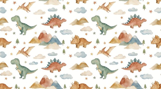 Seamless pattern with cute watercolor baby dinosaurs and mountains for kids textile design.