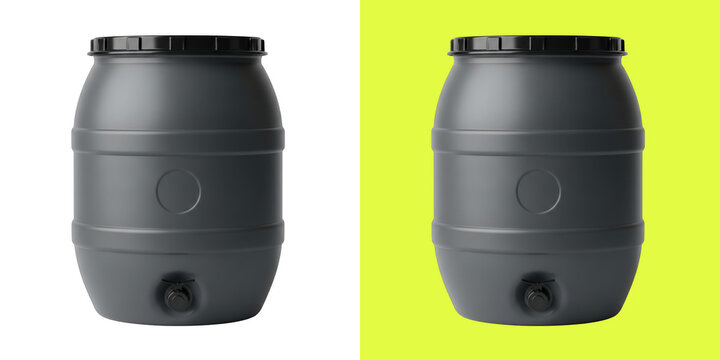 Black plastic water barrel with spigot