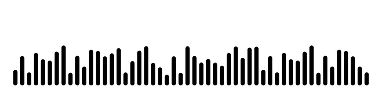 Black audio equalizer waveform bars isolated on white background. Dense vertical sound levels create a clean music visualization for podcasts, recording, media players, sound editing and graphic 