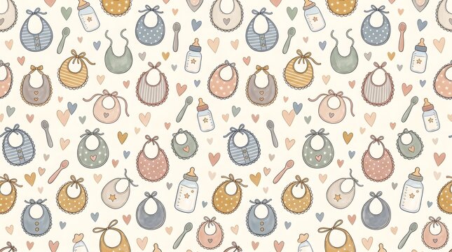 Seamless pattern with baby bibs and feeding bottles in soft pastel colors for nursery
