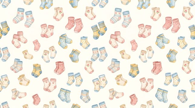 Seamless pattern with cute watercolor baby socks in soft pastel colors for nursery decor