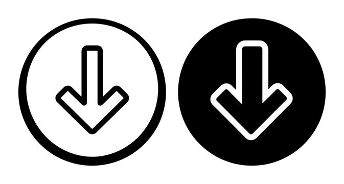 Two Down Arrow Icons, Circular Design, Black and White Contrast, Simple Vector Graphics for Directional Cues and Navigation