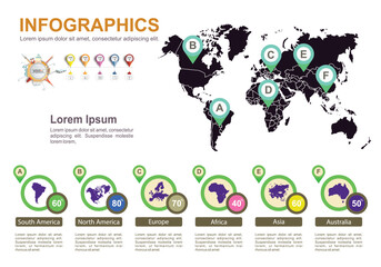 World map infographic vector, global business data visualization layout, continent statistics dashboard with map pins and charts © M