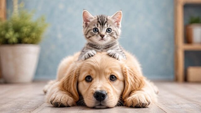 Video of gray tabby kitten rests playfully on a golden retriever puppy in a sweet friendship portrait