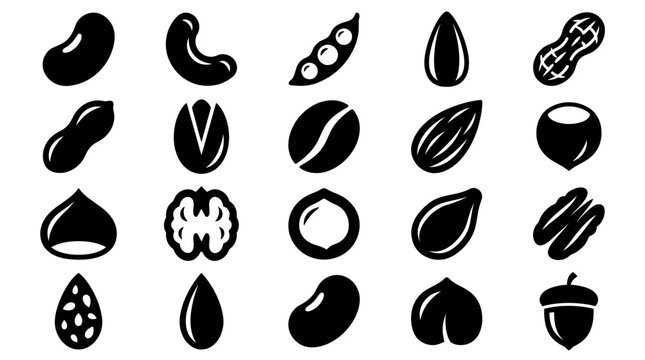 Set of black nut and seed vector icons showcasing almond, peanut and cashew graphic elements, concept for healthy food branding and natural snack packaging