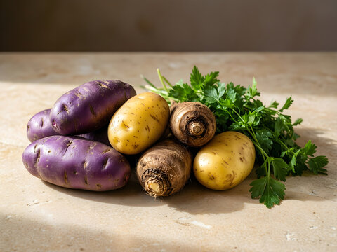 Purple potato, yellow potato, oca, ulluco and fresh herbs, arranged as one clearly separated ingredient collection with no packages or writing for Andean ingredient, heritage-grain and highland-food