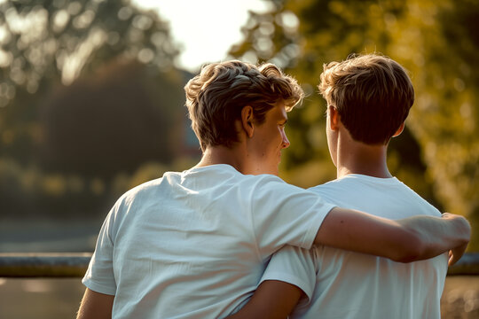 Two teenage boys or young men sitting together outdoors with arms around each other, back view, warm golden sunlight, depicting friendship, brotherhood, and emotional support in nature.