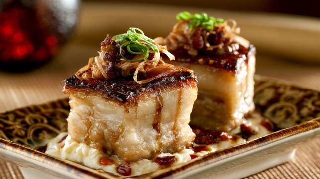 Succulent Pork Belly Dish with Crispy Skin and Garnish Served on Elegant Plate with Rich Sauce and Fresh Aromatics
